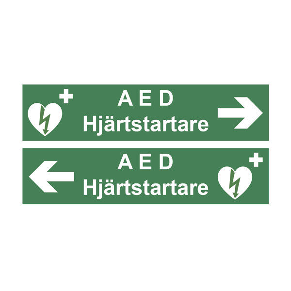 Skylt med text AED hjärtstartare med pil